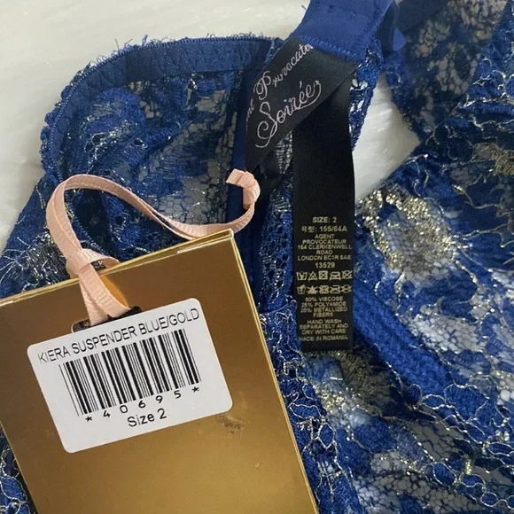 Agent Provocateur Kiera SOIREE Blue Gold Suspender NWT